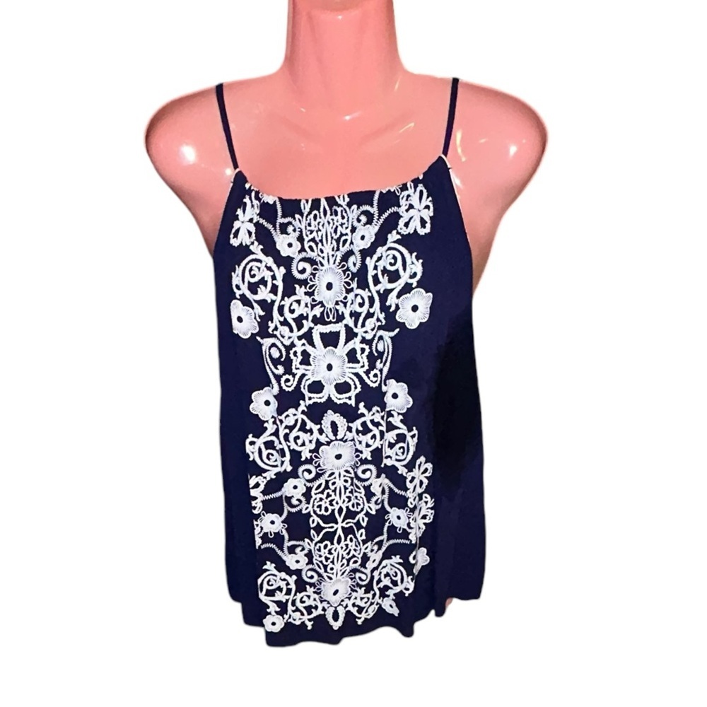 Navy Cami Tank Top with White Embroidery Sz Large by Tining - Picture 2 of 10